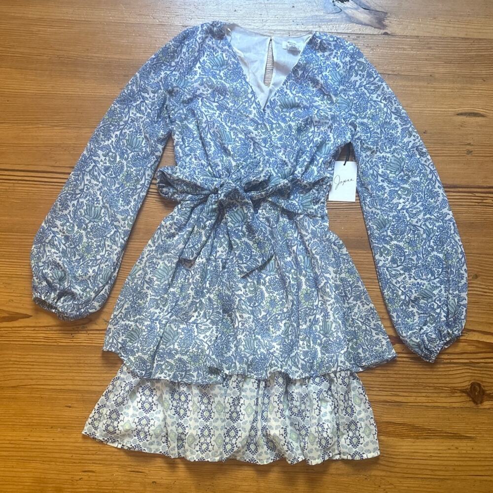 NWT‎ Japna blue floral tiered long puff sleeve tie waist mini dress SIZE XS